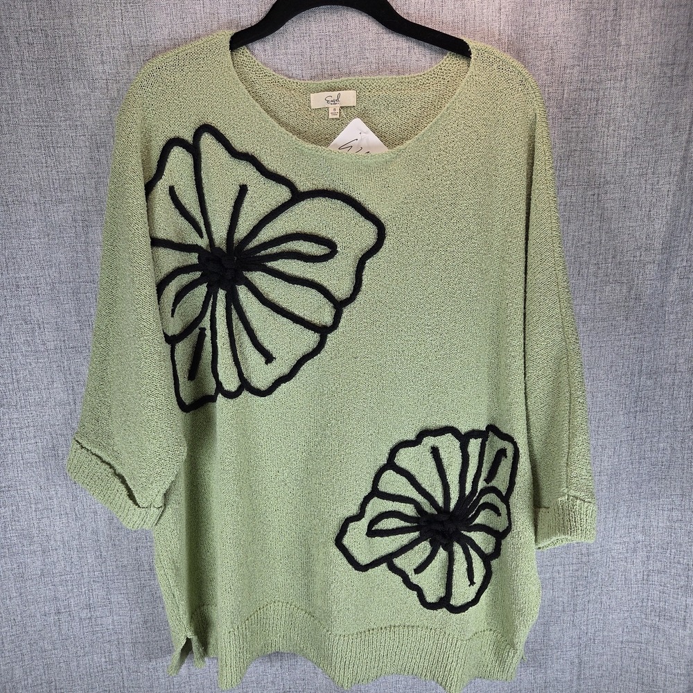 Easel Womens Green Oversized Sweater Small Dolman Sleeve Black Floral Embroidery
